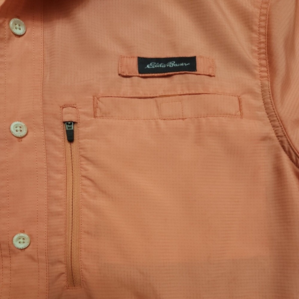 Eddie Bauer Fishing Hiking Vented Men Button Shirt M Coral Pink Roll Tab Sleeves - Picture 2 of 9